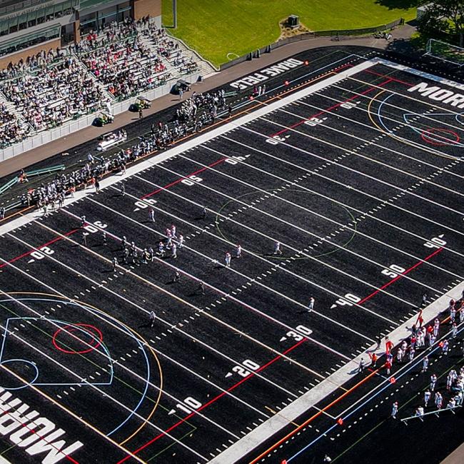 The SUNY Morrisville Mustang football team plays its first home game on the new black turf field furing the 2023 Mustang Weekend.