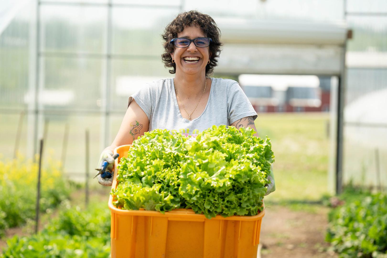 Bertha Limo displays harvested lettuce.