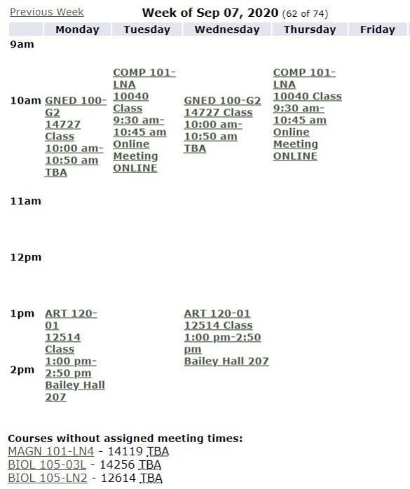 The Week at a Glance view displays all of the classes for which you have registered in a weekly timetable format.