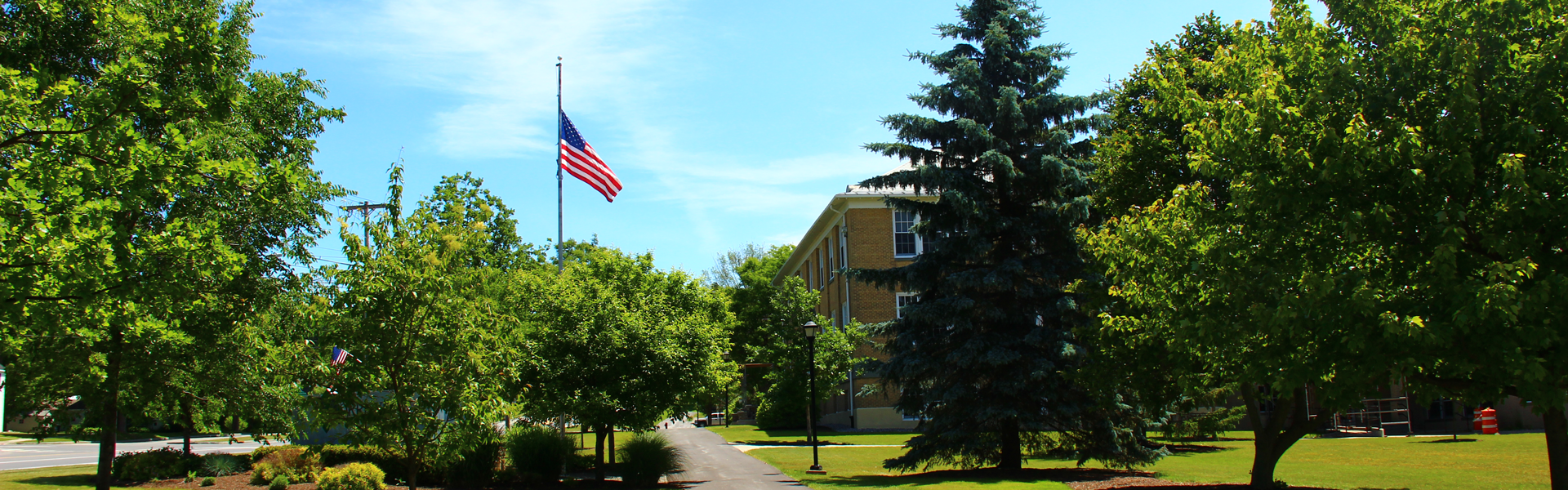 Campus path with flag