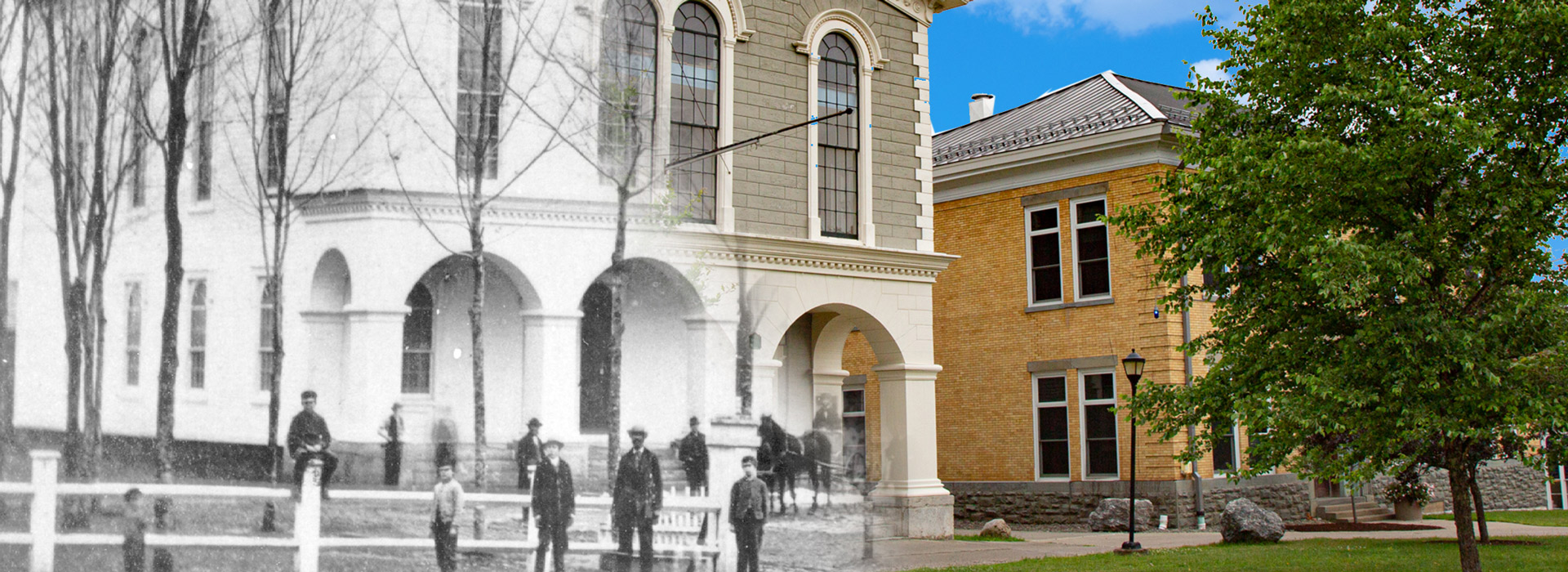 Madison Hall, old photo fading into new photo