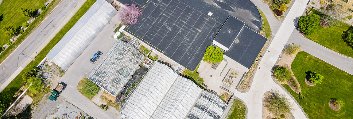 An overhead view of the greenhouses and facilities at the George A. Spader Horticulture Center