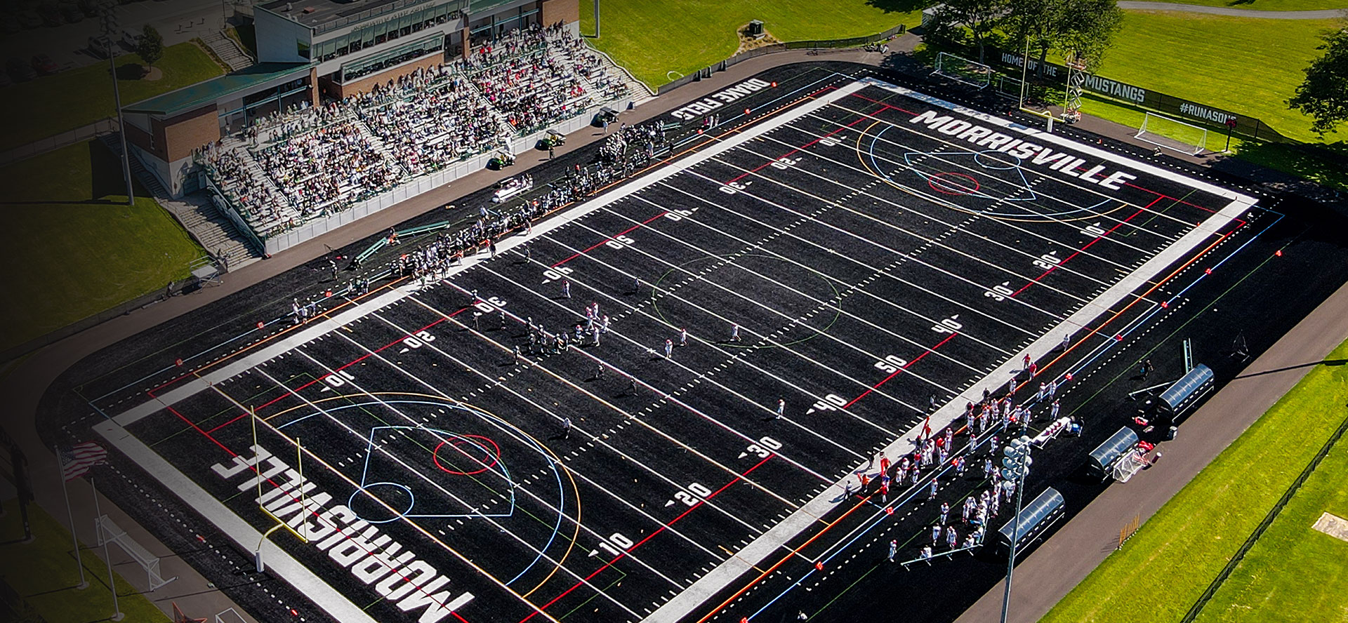 The SUNY Morrisville Mustang football team plays its first home game on the new black turf field furing the 2023 Mustang Weekend.