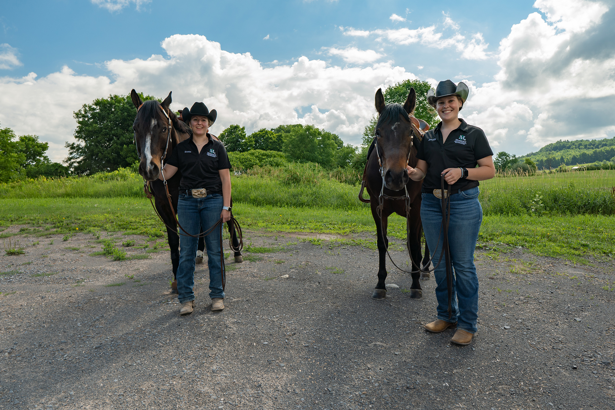 Horses who once relied on classes of students for their care, learned to rely on unheralded equine students and dedicated faculty and staff to keep them going during the COVID-19 quarantine, including Kaitlin Renschen, left, with Donald, and Kendalle Booth with Wilma.