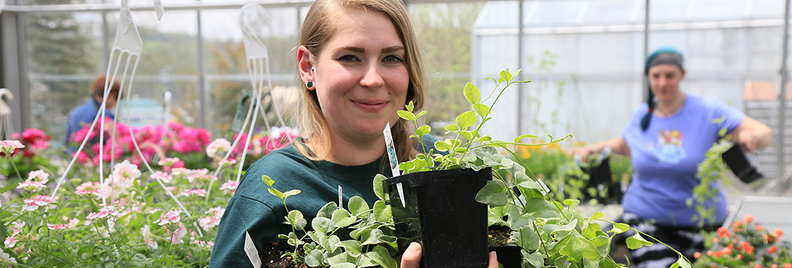 Student helping at plant sale