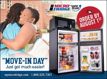 Microfridge advertisement with the product in the foreground and two women hugging in the background, with the text &quot;move-in day just got a lot easier
