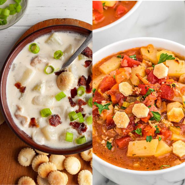 Split image showing New England and Manhattan clam chowders
