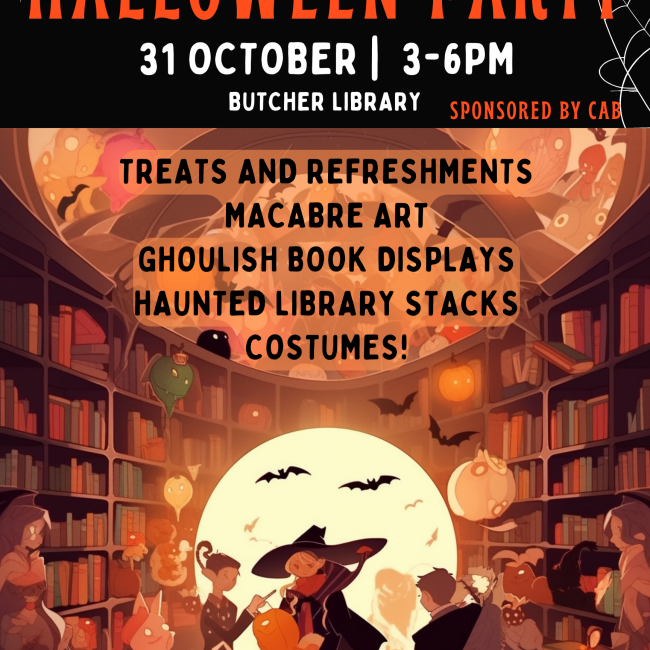 Halloween Reception Image, a spooky library full of people dressed up in costume.