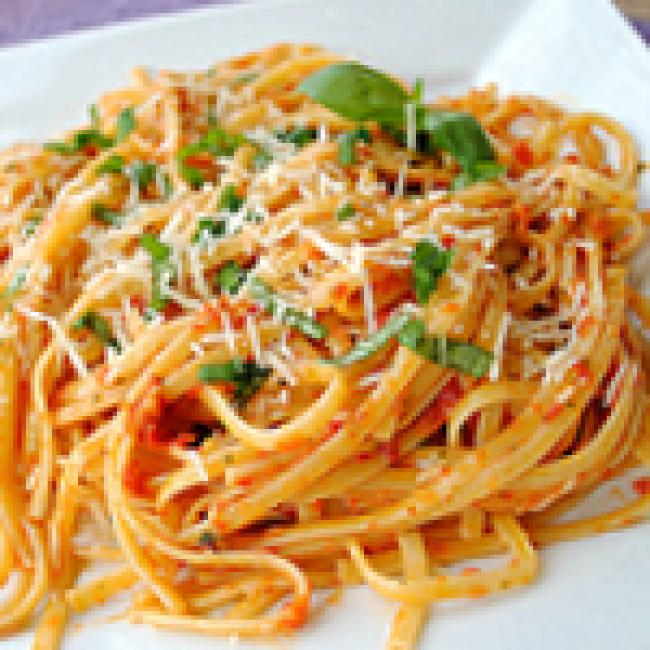 Linguine with Red Sauce on a white plate