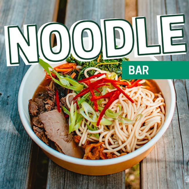 Bowl with noodles, vegetable, and meat.