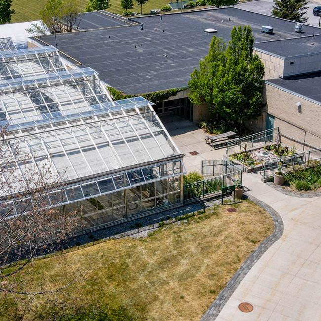 An overhead view of the greenhouses and facilities at the George A. Spader Horticulture Center