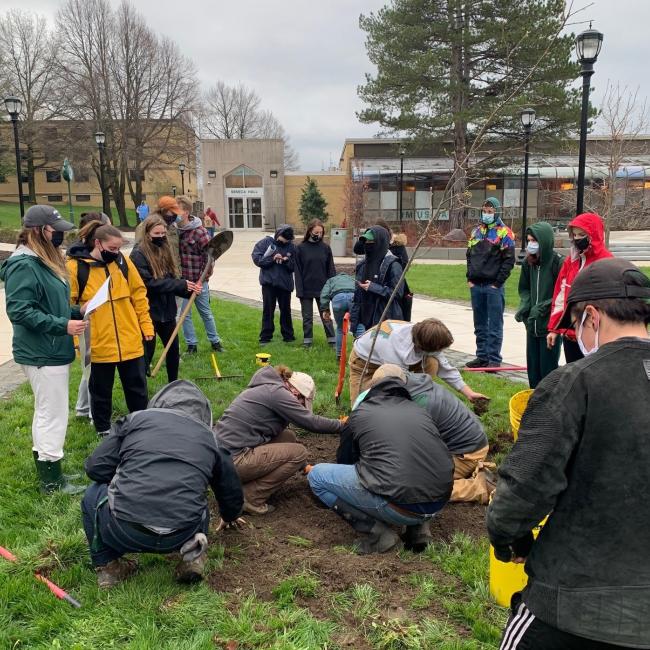 Faculty, staff and students plant a tree on campus in recognition of Arbor Day. 