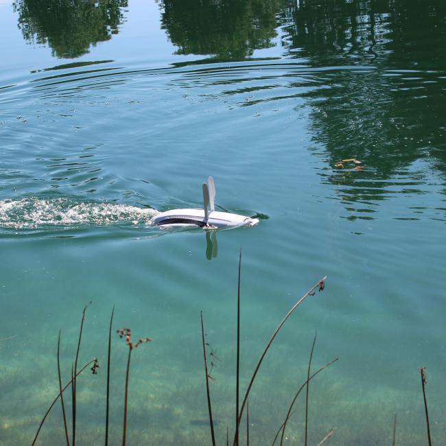 Pictured is a Power Dolphin surface drone, which yielded some of the best images during the aquatic drones and turtle study