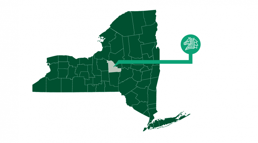 Map of New York State Counties, indicating SUNY Morrisville's location in the center of Madison County