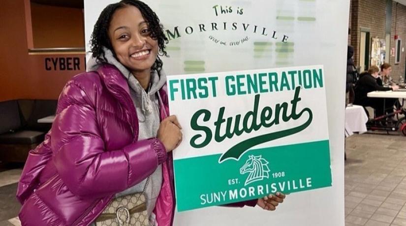A Morrisville student proudly displays their first-gen status