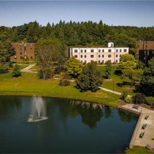 pond with fountain from above, with buildings and trees in the background