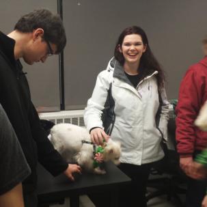 Students petting a therapy dog