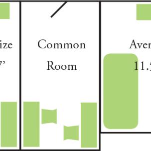 Rooms in East Hall are comprised of one 11.5-foot by 10-foot single room and one 13.5-foot by 7-foot single room that share a single common room that connects to the corridor