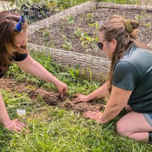 Professor Elisa Livengood and Professor Jennifer Gilbert Jenkins plant at the food forest 