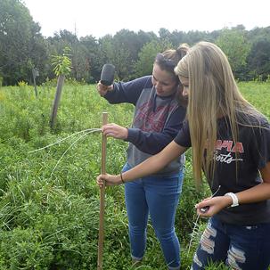 Biology students work outside.